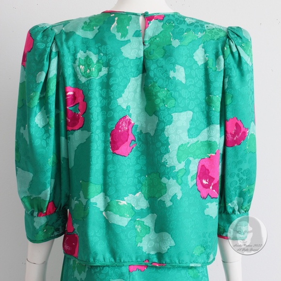 Flora Kung Blouse and Skirt 2pc Set Silk Abstract Floral Print Vintage 80s Sz 8 - Picture 8 of 10
